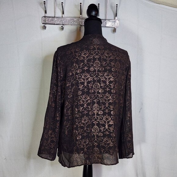Chico's Dark Brown Gold Silk Foil Sheer Floral Print LS Blouse Chico Sz 3 US XL - Picture 11 of 16